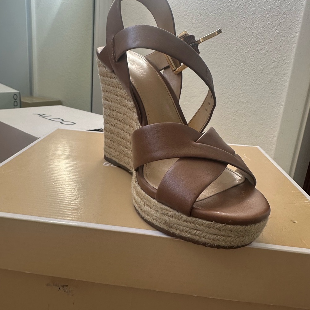 MK Brown Leather Espadrille Wedges